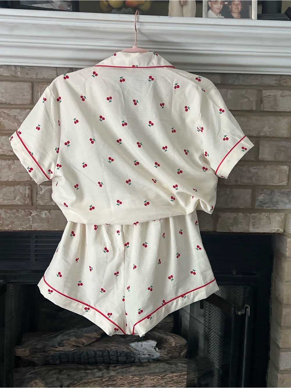 Cherry Print Cream Short Pajama Set with Red Piping size med never worn -washed - Picture 5 of 5